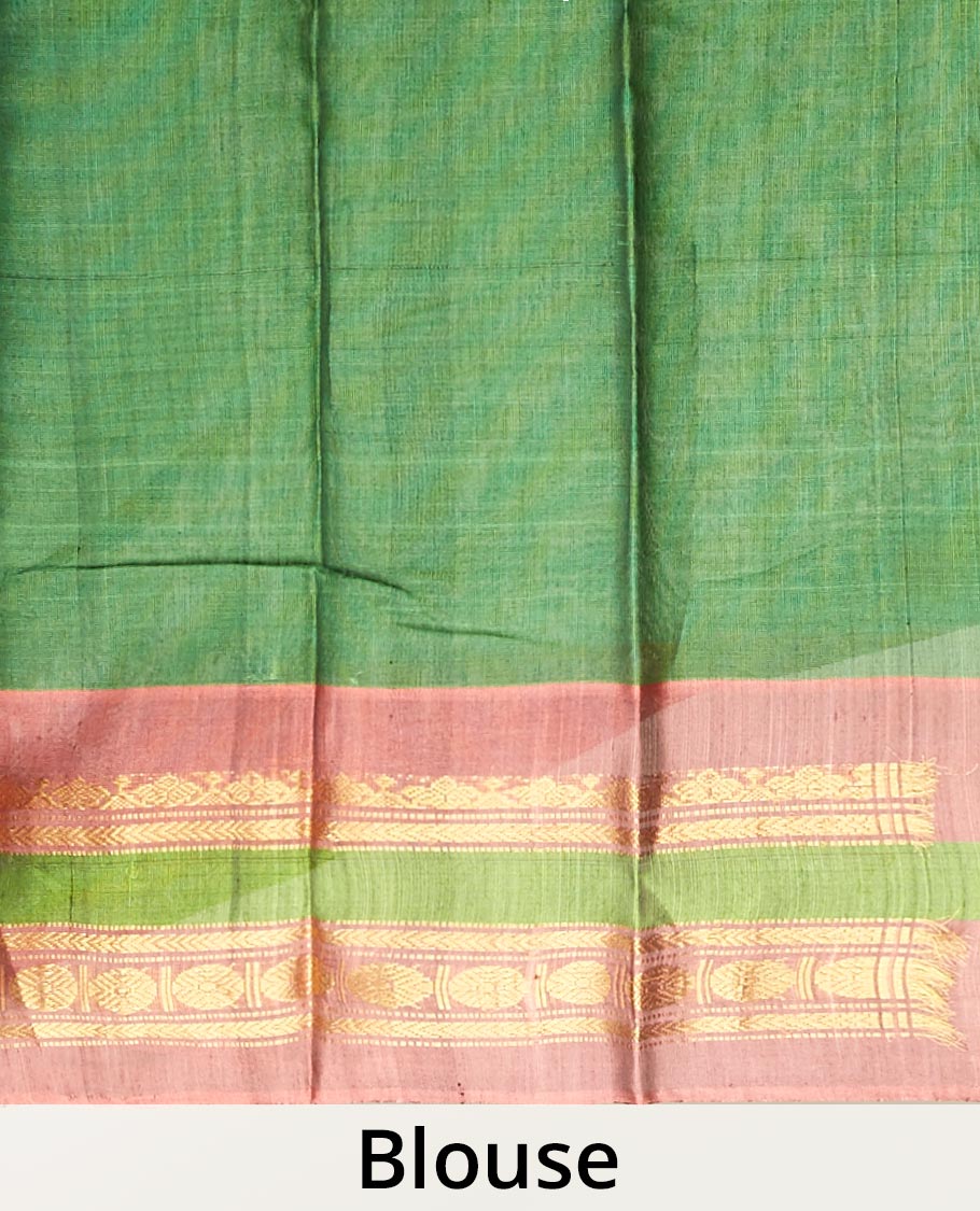 Green plain design gadwal cotton saree, contrast traditional zari design border & zari design pallu