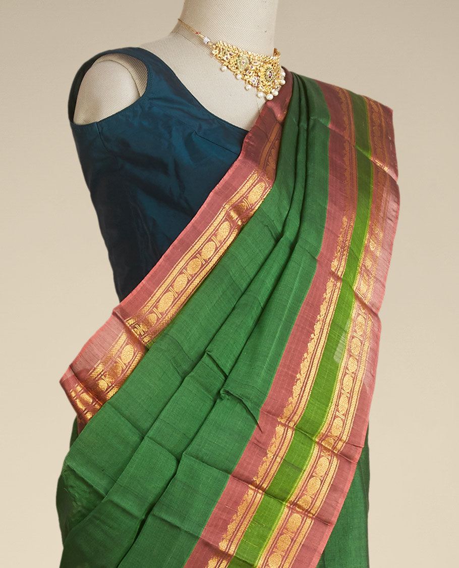 Green plain design gadwal cotton saree, contrast traditional zari design border & zari design pallu