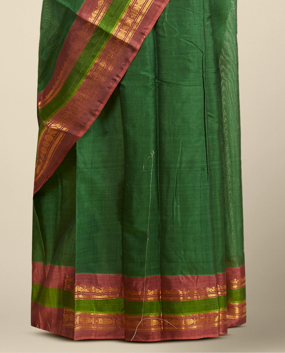 Green plain design gadwal cotton saree, contrast traditional zari design border & zari design pallu