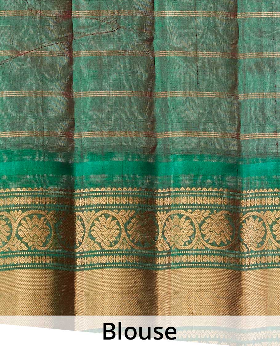 Red checked gadwal saree with zari buttas, contrast traditional zari design border & pallu of paisley & leaf creeper