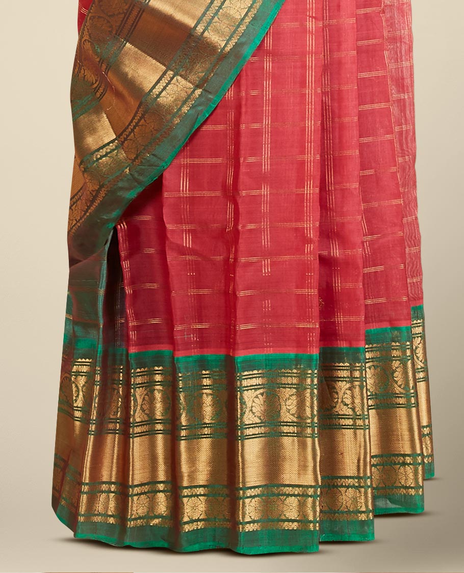 Red checked gadwal saree with zari buttas, contrast traditional zari design border & pallu of paisley & leaf creeper