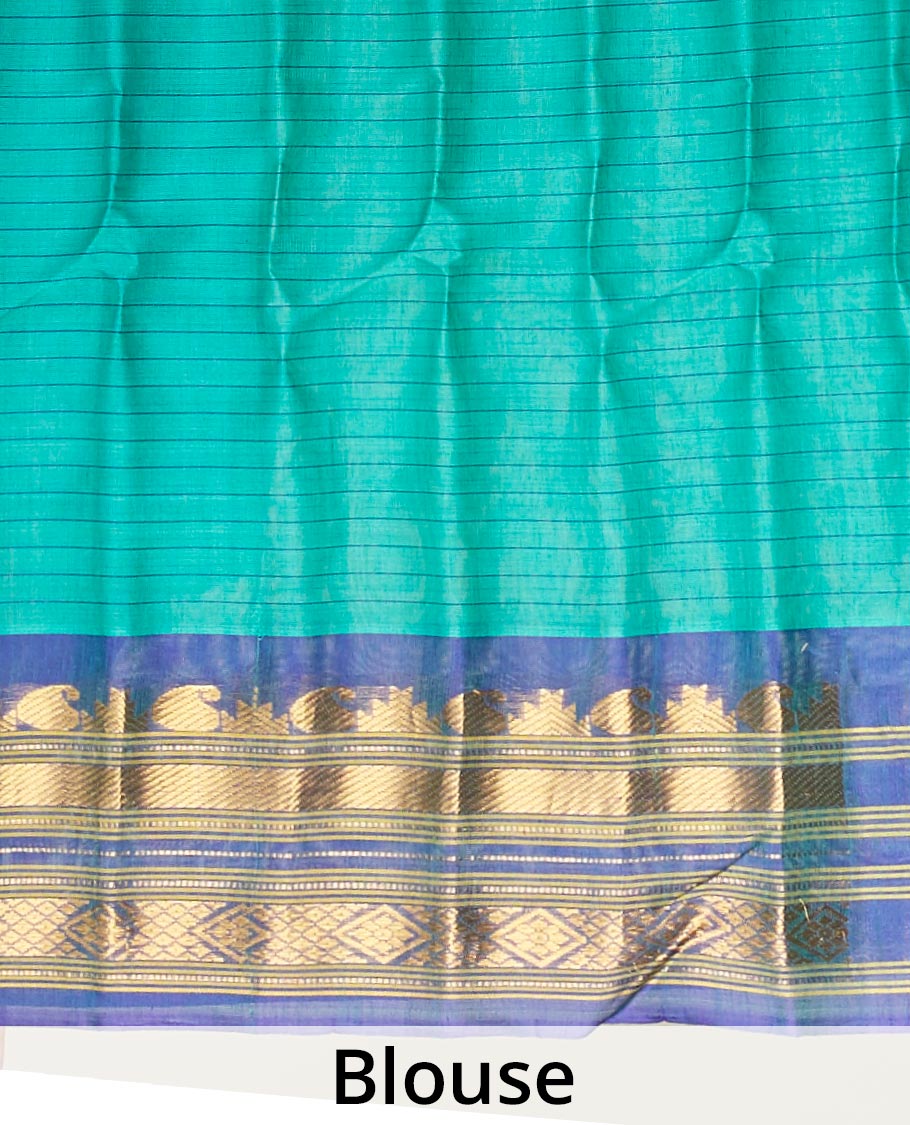 Green striped gadwal silksaree, contrast border of traditional zari designs & zari-enriched pallu