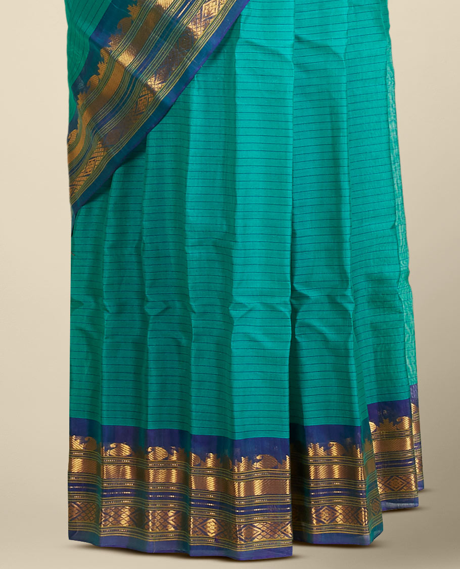 Green striped gadwal silksaree, contrast border of traditional zari designs & zari-enriched pallu