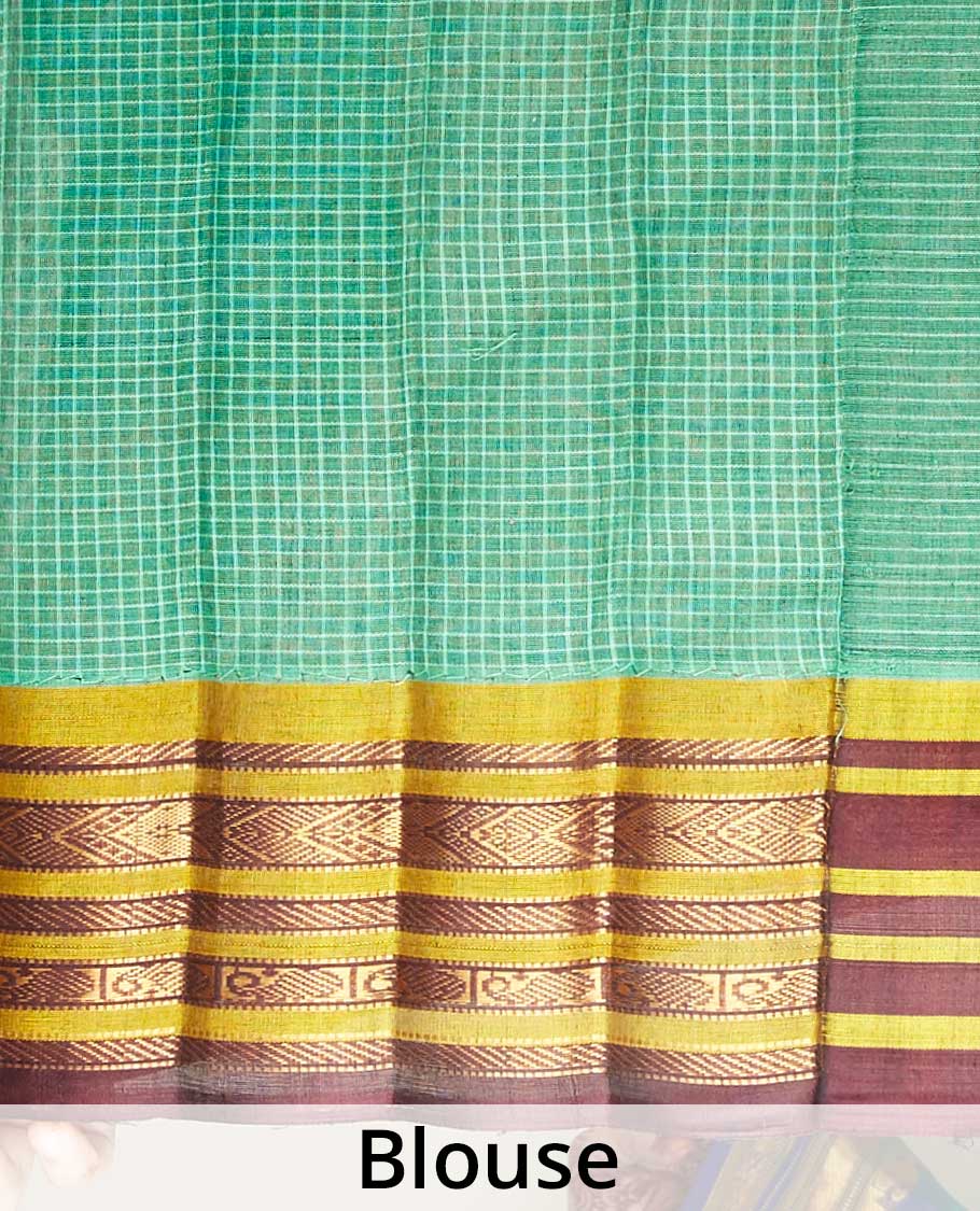 Green micro-checked gadwal saree, contrast border & pallu steeped with traditional zari designs