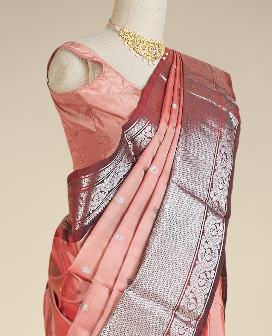 Pink gadwal silksaree with zari buttas,contrast zari rich pallu of intricate designs & border of peacock & floral vine
