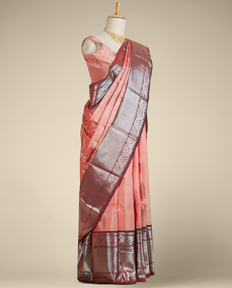 Pink gadwal silksaree with zari buttas,contrast zari rich pallu of intricate designs & border of peacock & floral vine