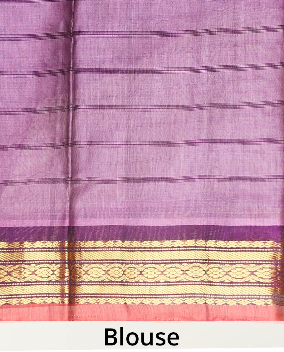 Purple striped gadwal cotton saree, contrast border of traditional zari designs & pallu of zari designs