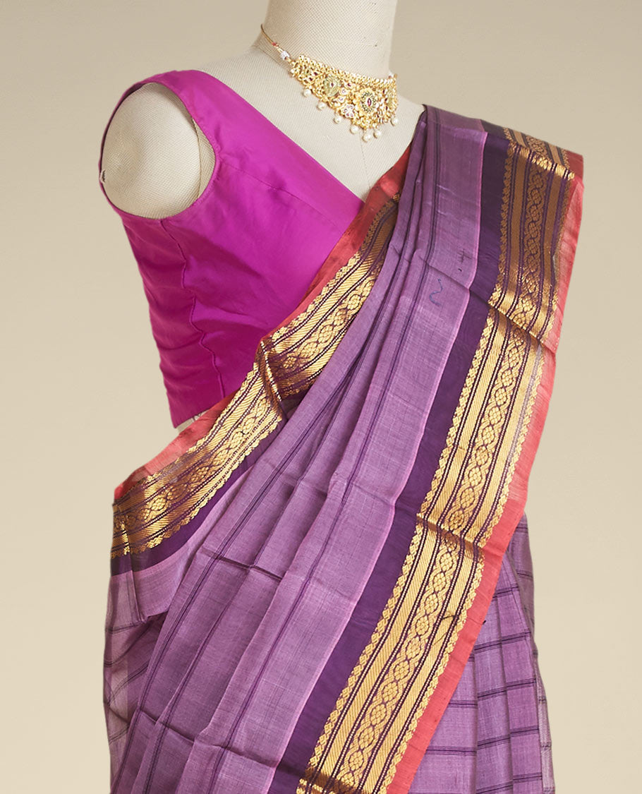 Purple striped gadwal cotton saree, contrast border of traditional zari designs & pallu of zari designs