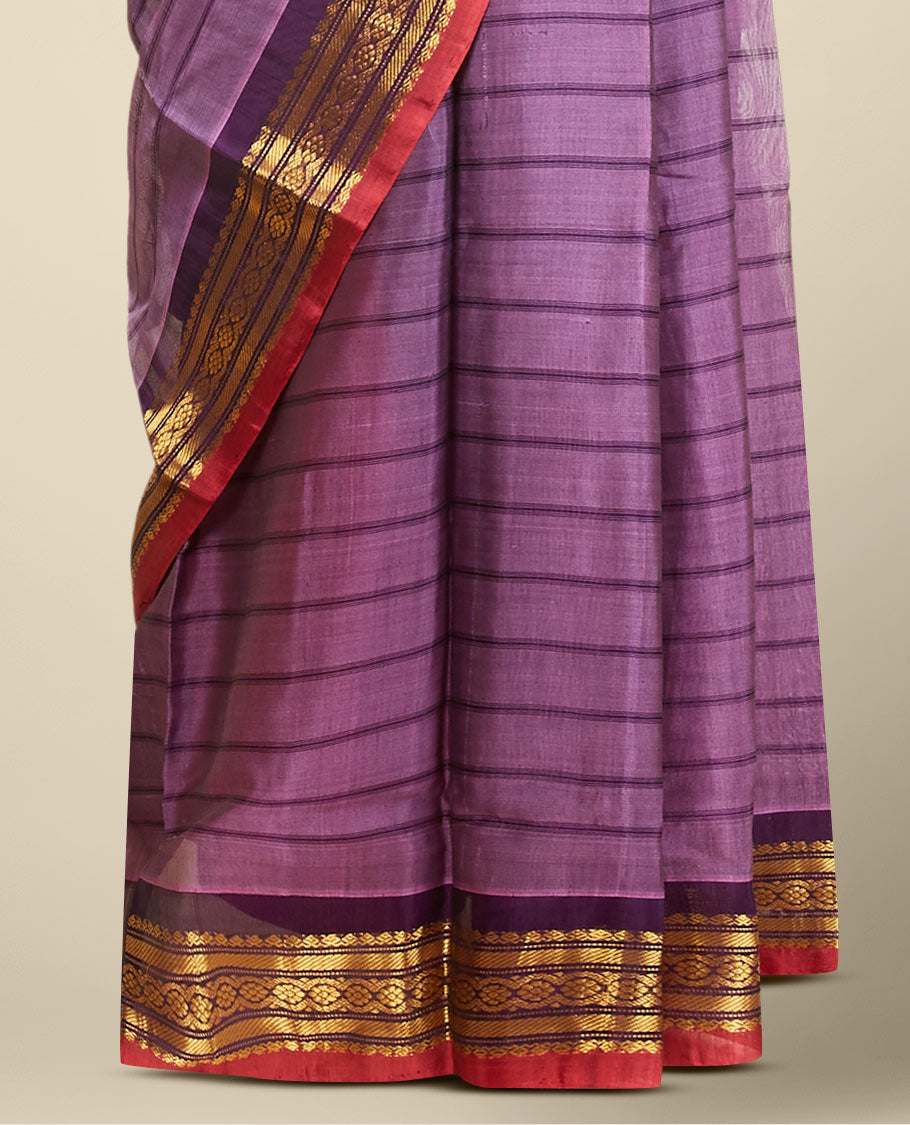 Purple striped gadwal cotton saree, contrast border of traditional zari designs & pallu of zari designs
