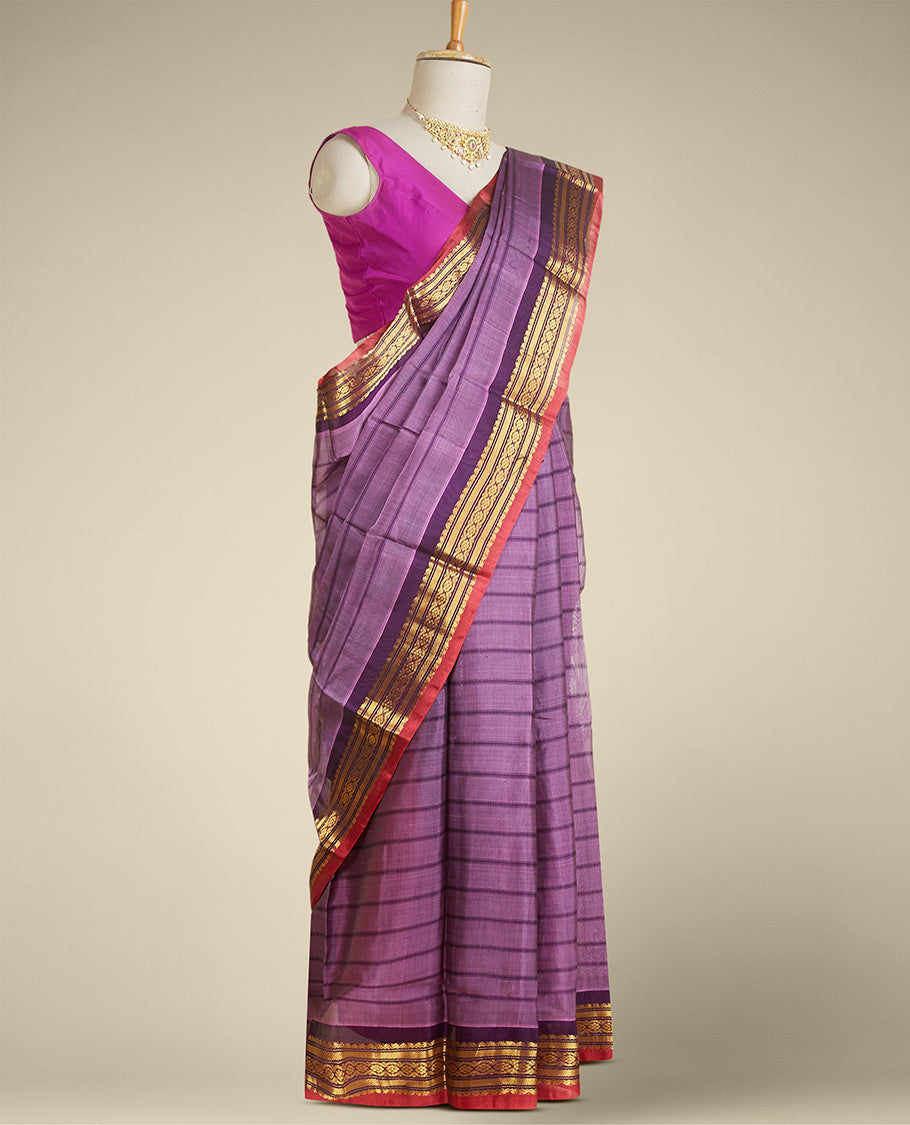 Purple striped gadwal cotton saree, contrast border of traditional zari designs & pallu of zari designs