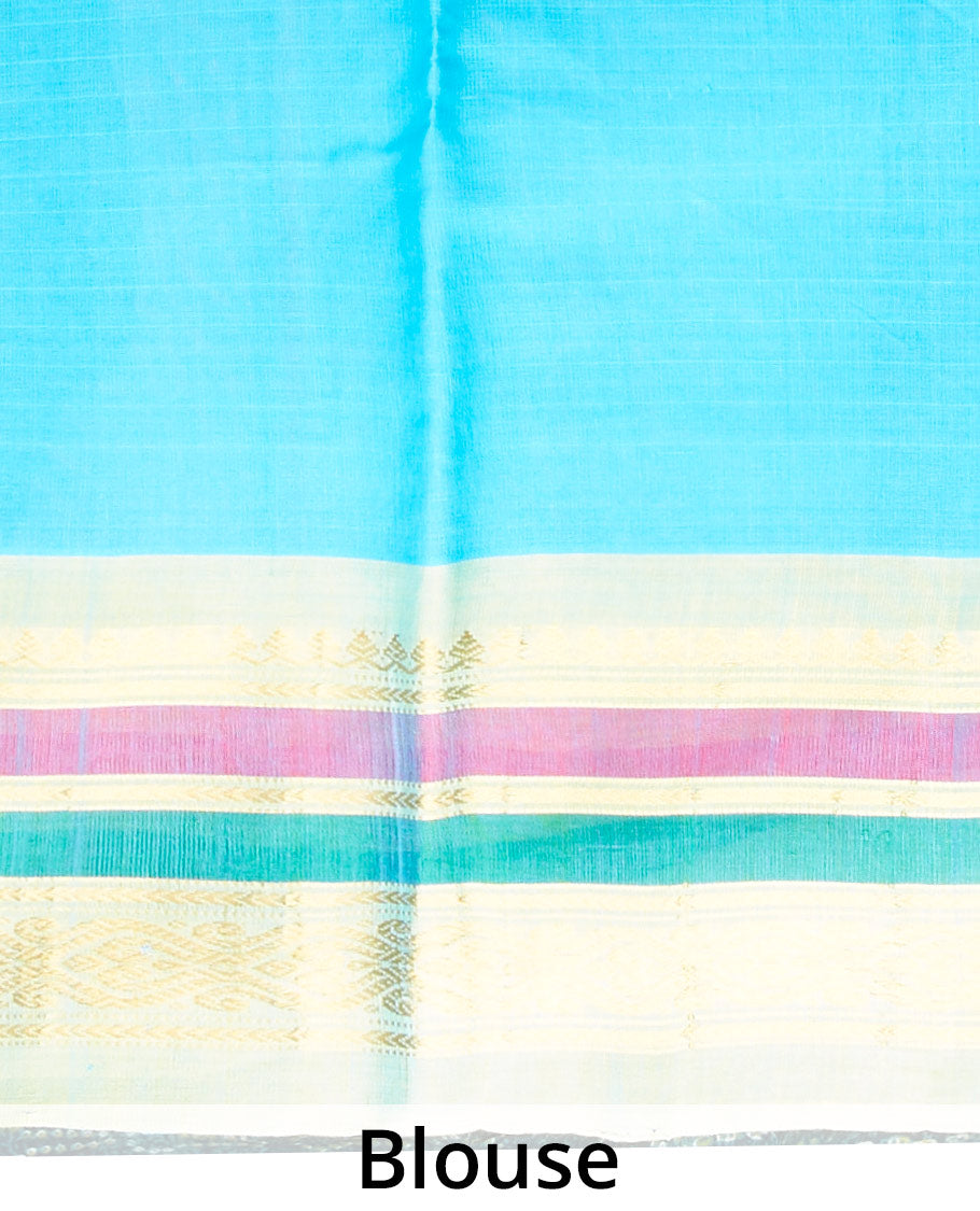 Blue gadwal cotton saree with zari buttas on its body & pallu, contrast vidarbha traditional zari design border