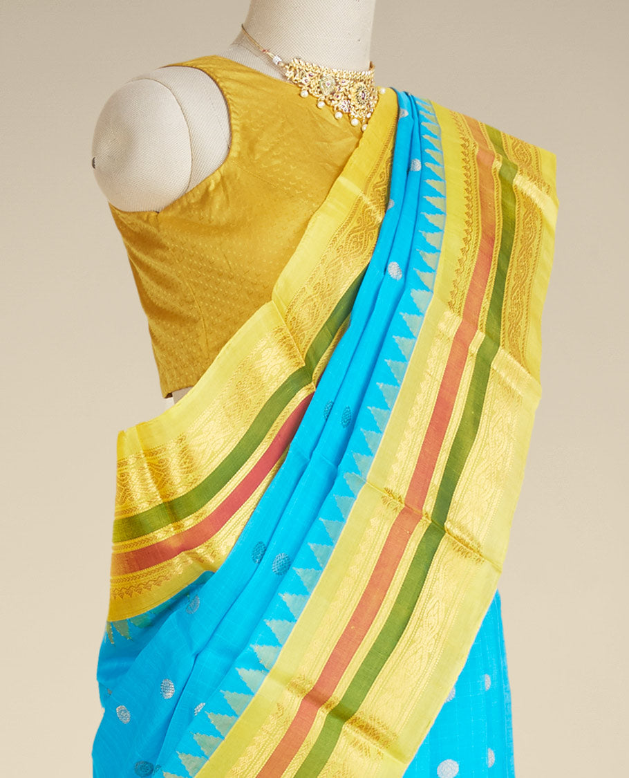 Blue gadwal cotton saree with zari buttas on its body & pallu, contrast vidarbha traditional zari design border