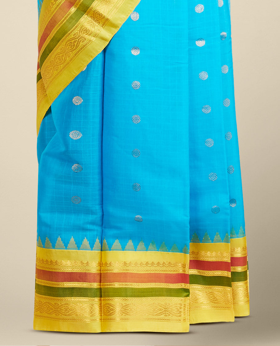 Blue gadwal cotton saree with zari buttas on its body & pallu, contrast vidarbha traditional zari design border