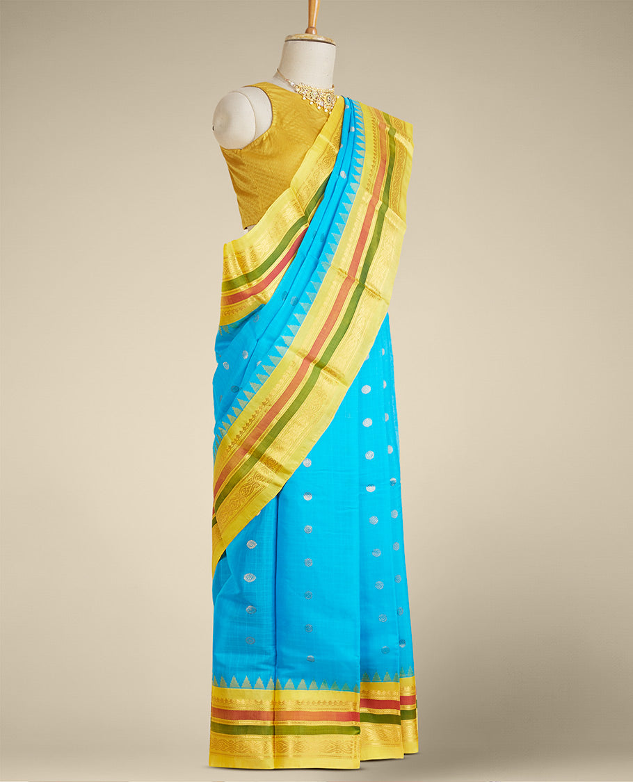 Blue gadwal cotton saree with zari buttas on its body & pallu, contrast vidarbha traditional zari design border