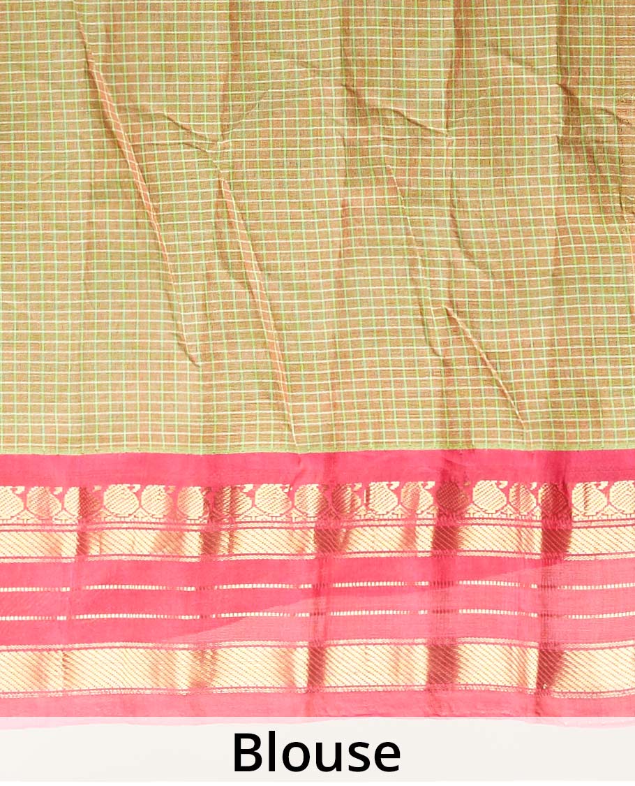 Green micro-checked design gadwal silksaree, contrast traditional zari design border & zari-rich pallu of zari stripes