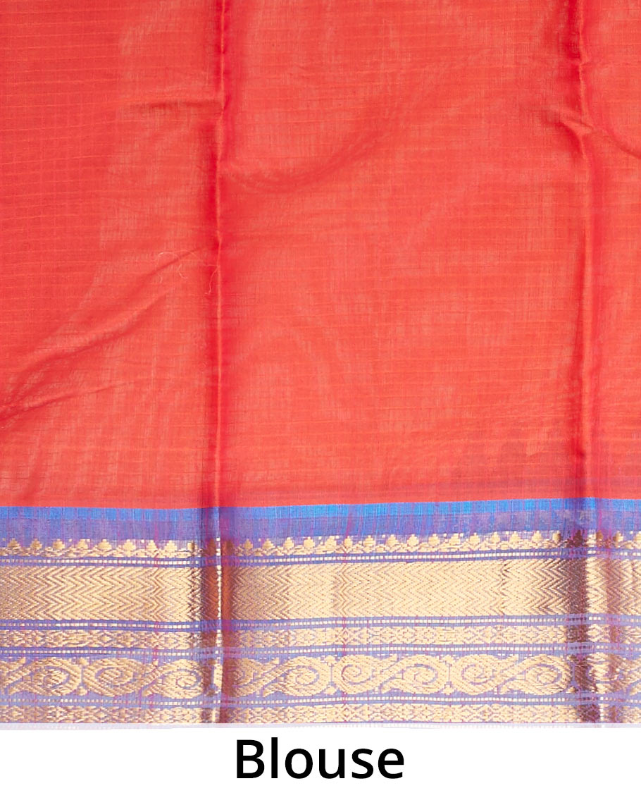 Red flower buttas gadwal cotton saree, contrast vidarbha traditional border & pallu of floral creeper,jaal & paisley