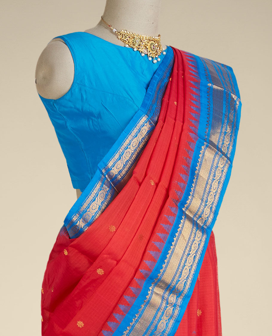 Red flower buttas gadwal cotton saree, contrast vidarbha traditional border & pallu of floral creeper,jaal & paisley