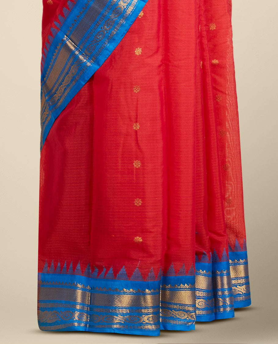 Red flower buttas gadwal cotton saree, contrast vidarbha traditional border & pallu of floral creeper,jaal & paisley