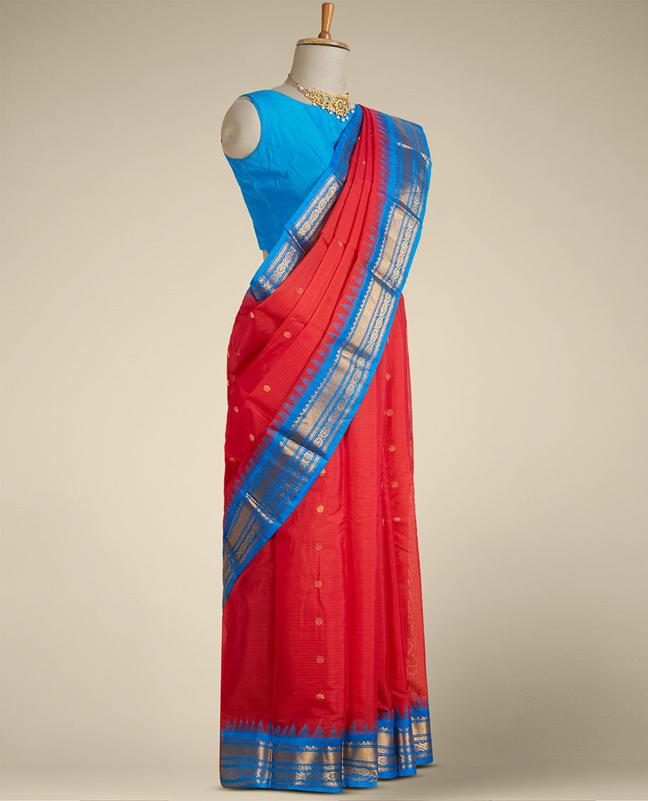 Red flower buttas gadwal cotton saree, contrast vidarbha traditional border & pallu of floral creeper,jaal & paisley