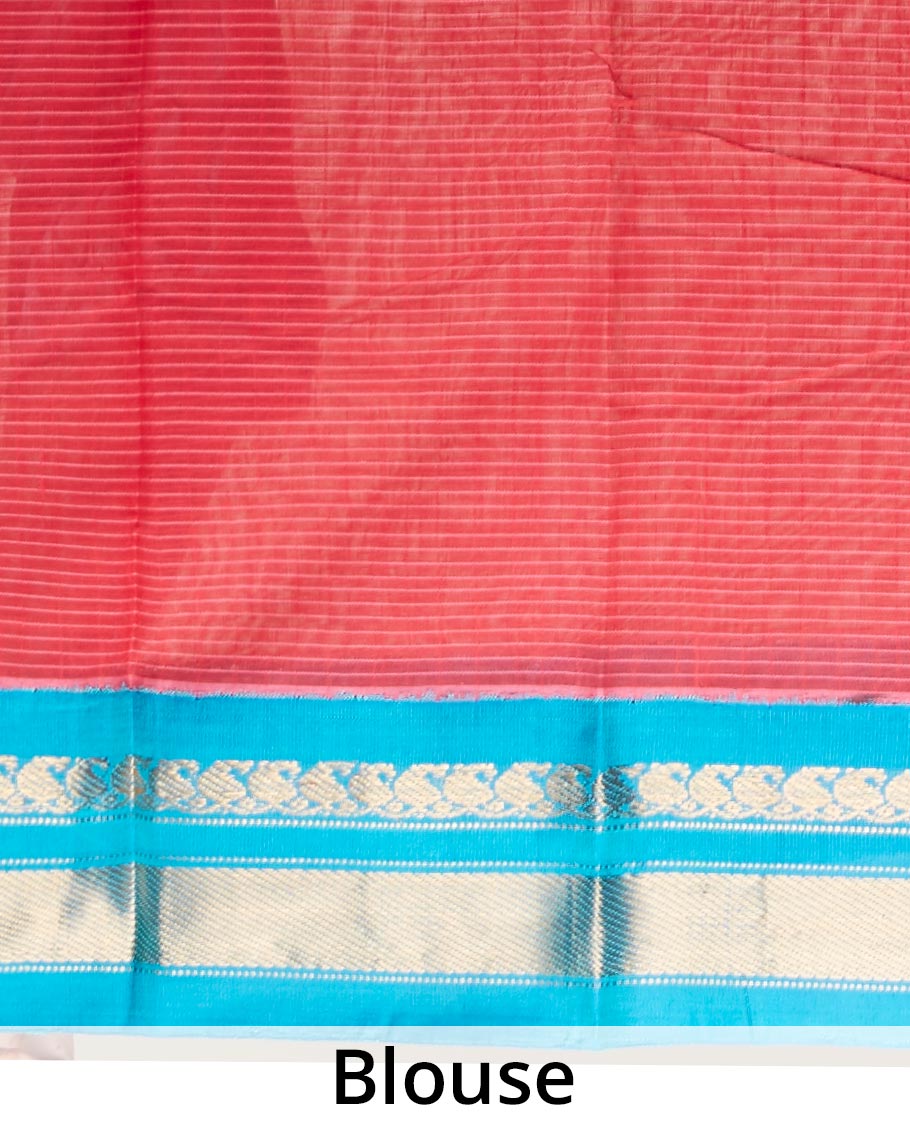 Red striped gadwal cotton saree, contrast zari border & pallu features floral design, paisley vine & stripes