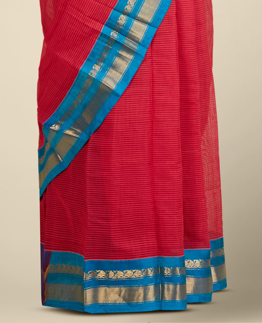Red striped gadwal cotton saree, contrast zari border & pallu features floral design, paisley vine & stripes