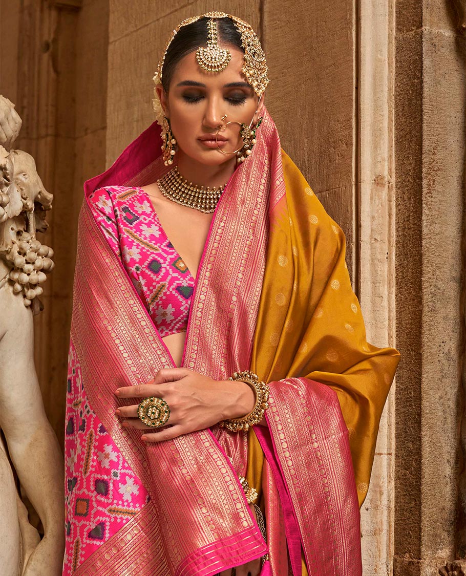 Mustard chakram zari buttas designer catalog saree, contrast temple traditional zari border, and pallu of double ikkat patola weave