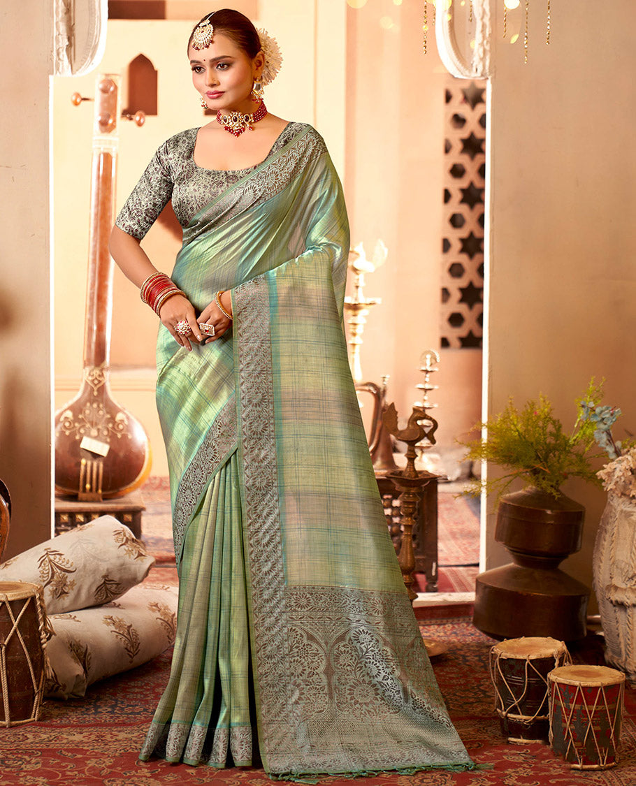 Green Geometric Printed Fancy Tussar Designer Saree