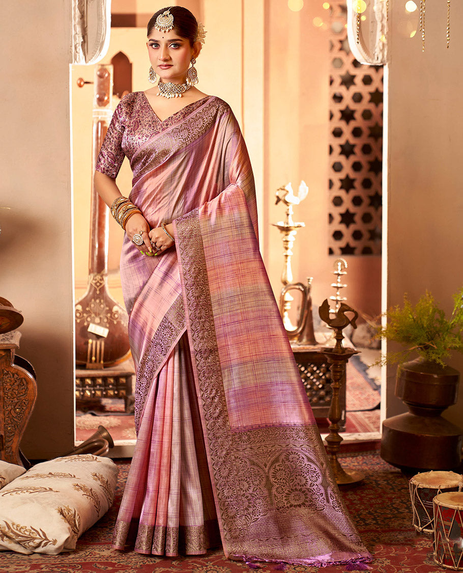 Pink Geometric Printed Fancy Tussar Designer Saree