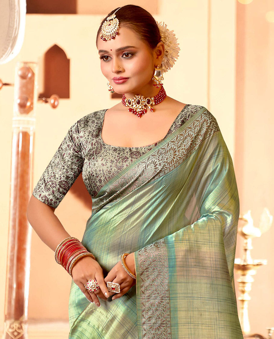 Green Geometric Printed Fancy Tussar Designer Saree