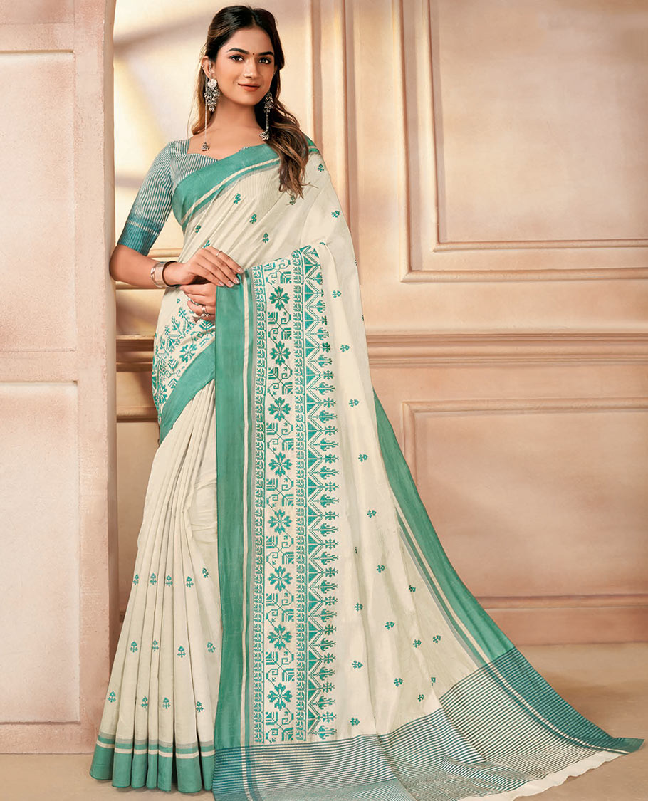 Cream floral embroidered designer saree, contrast jamdani style embroidered border, and striped pallu