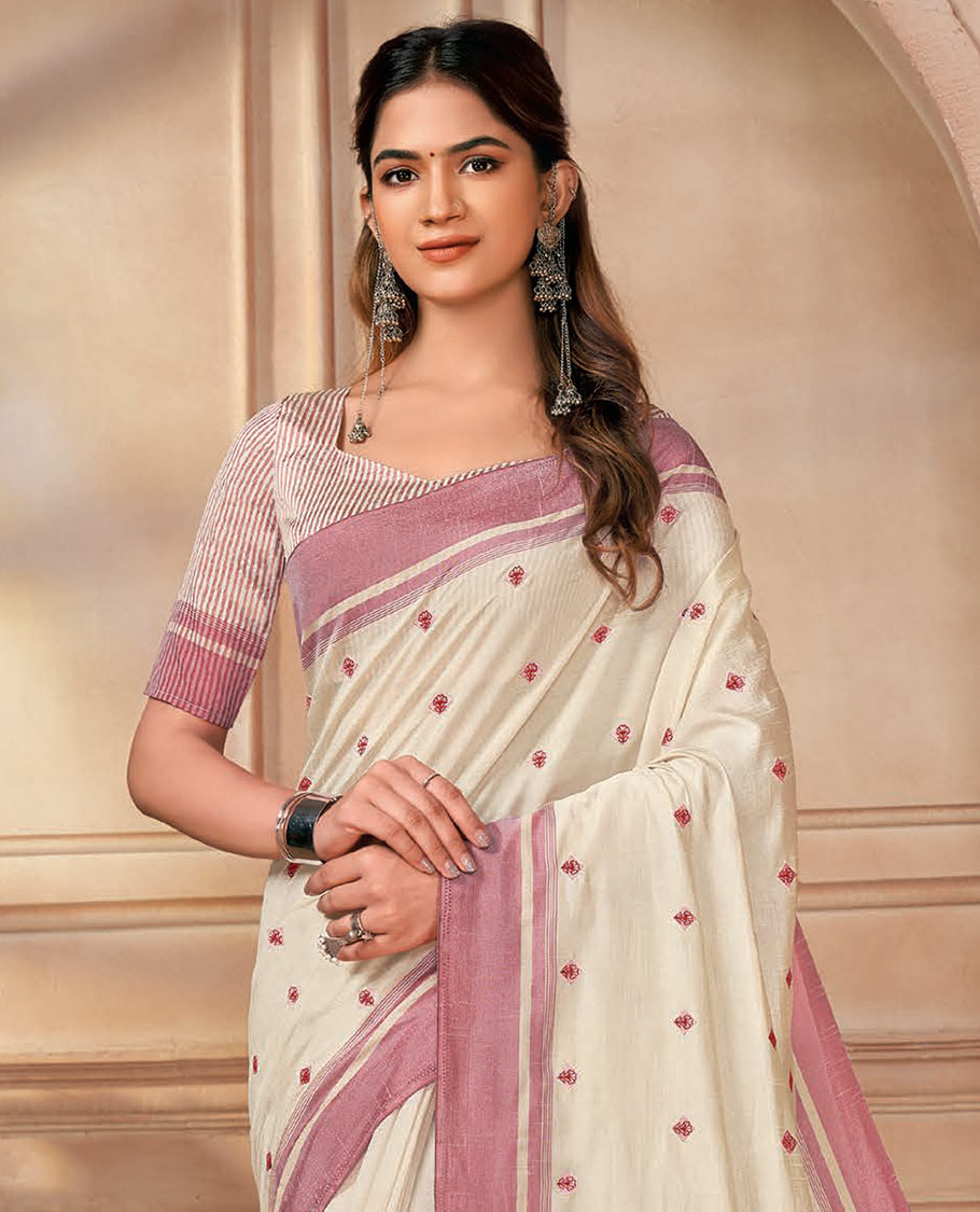 Cream floral embroidered designer saree, contrast border, and striped pallu