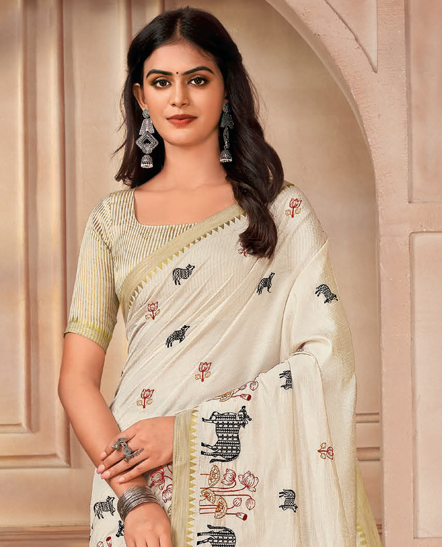 Cream Pichwai cow buttas and lotus motifs embroidered designer saree, temple border, and pallu of stripes