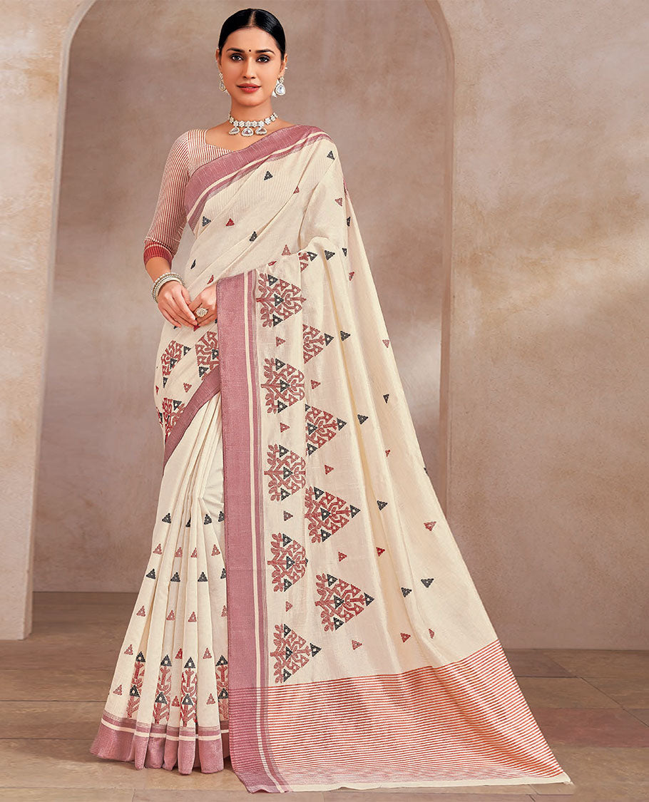Cream and red buttas and intricate embroidered designer saree, contrast border and striped pallu