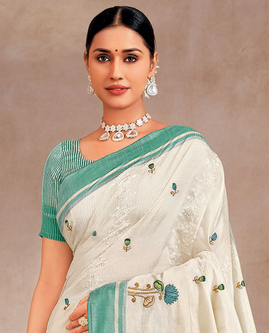 Cream and turquoise floral motifs designer saree, contrast plain border, and striped pallu
