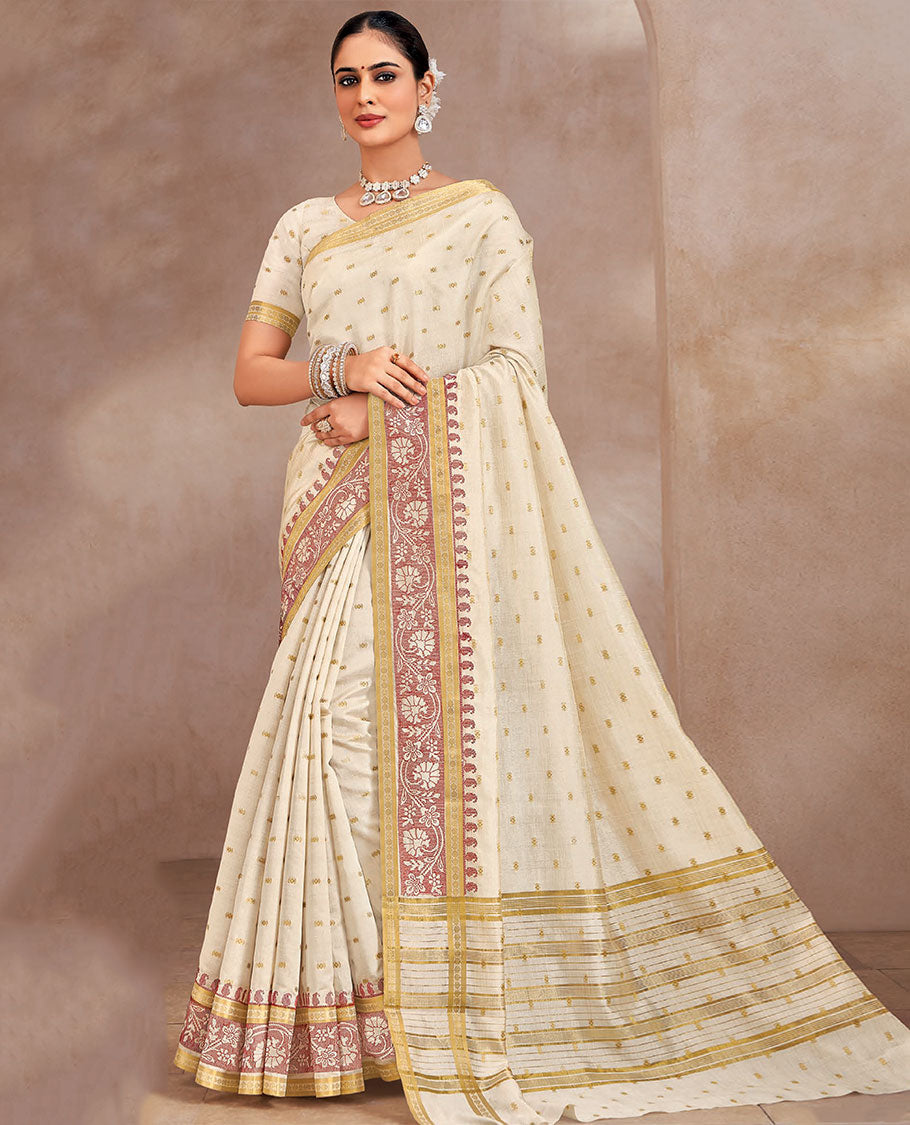 Cream buttas designer saree, floral creeper and paisley motifs border, and striped pallu