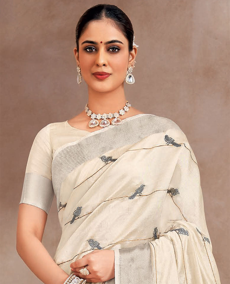 Cream sparrows on the string design embroidered designer saree, self-border and striped pallu