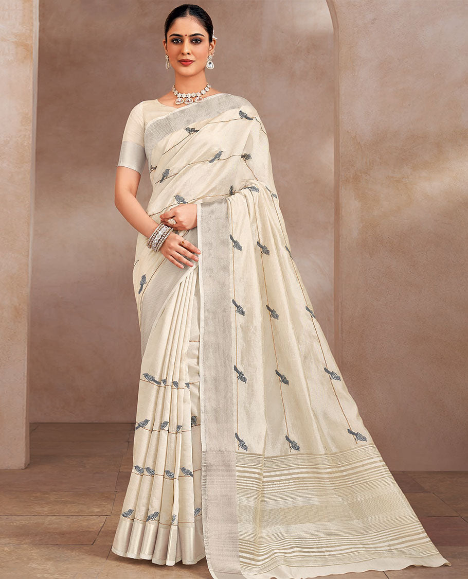 Cream sparrows on the string design embroidered designer saree, self-border and striped pallu