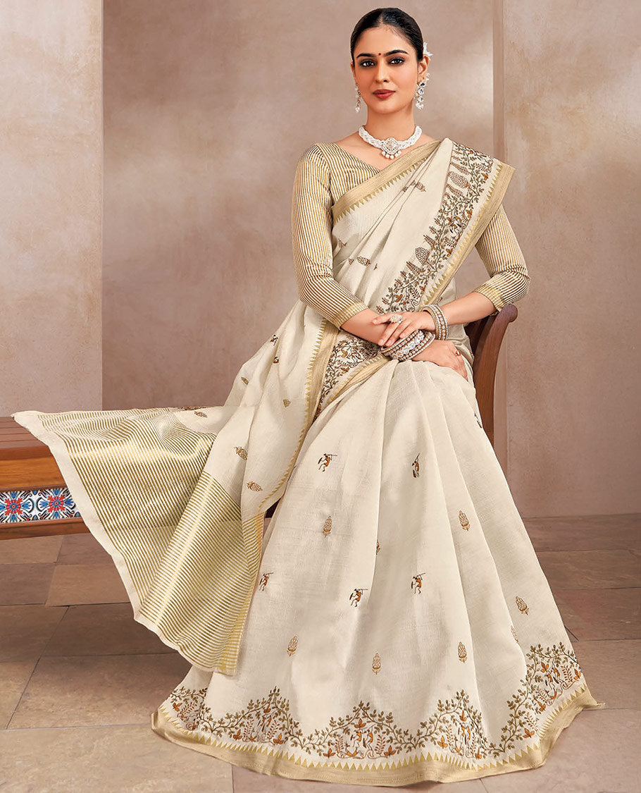 Cream motifs embroidered designer saree, embroidered border, and striped pallu