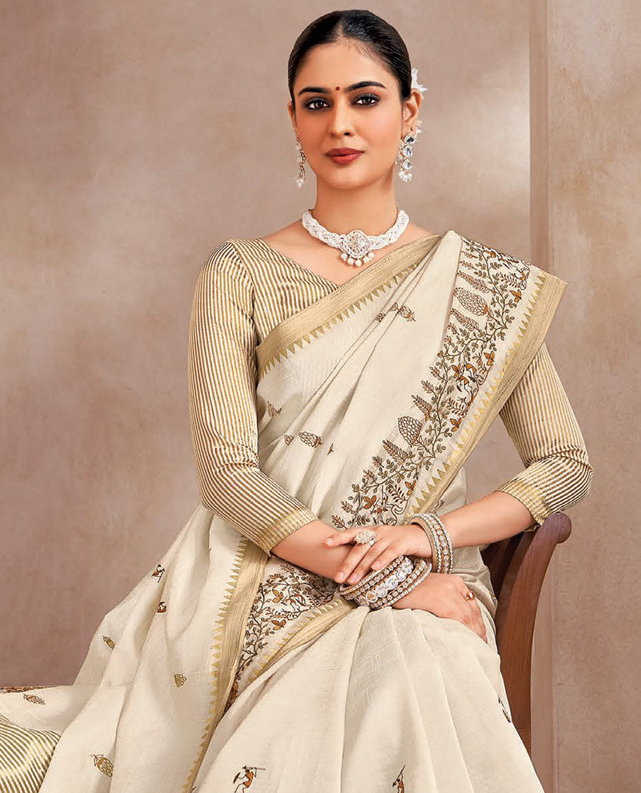 Cream motifs embroidered designer saree, embroidered border, and striped pallu
