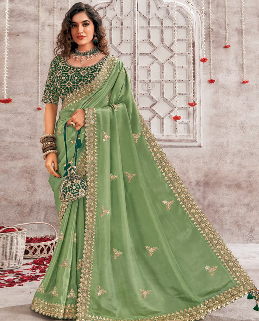 Green floral stone embroidery designer catalouge saree with floral scallop border & embroidered readymade blouse