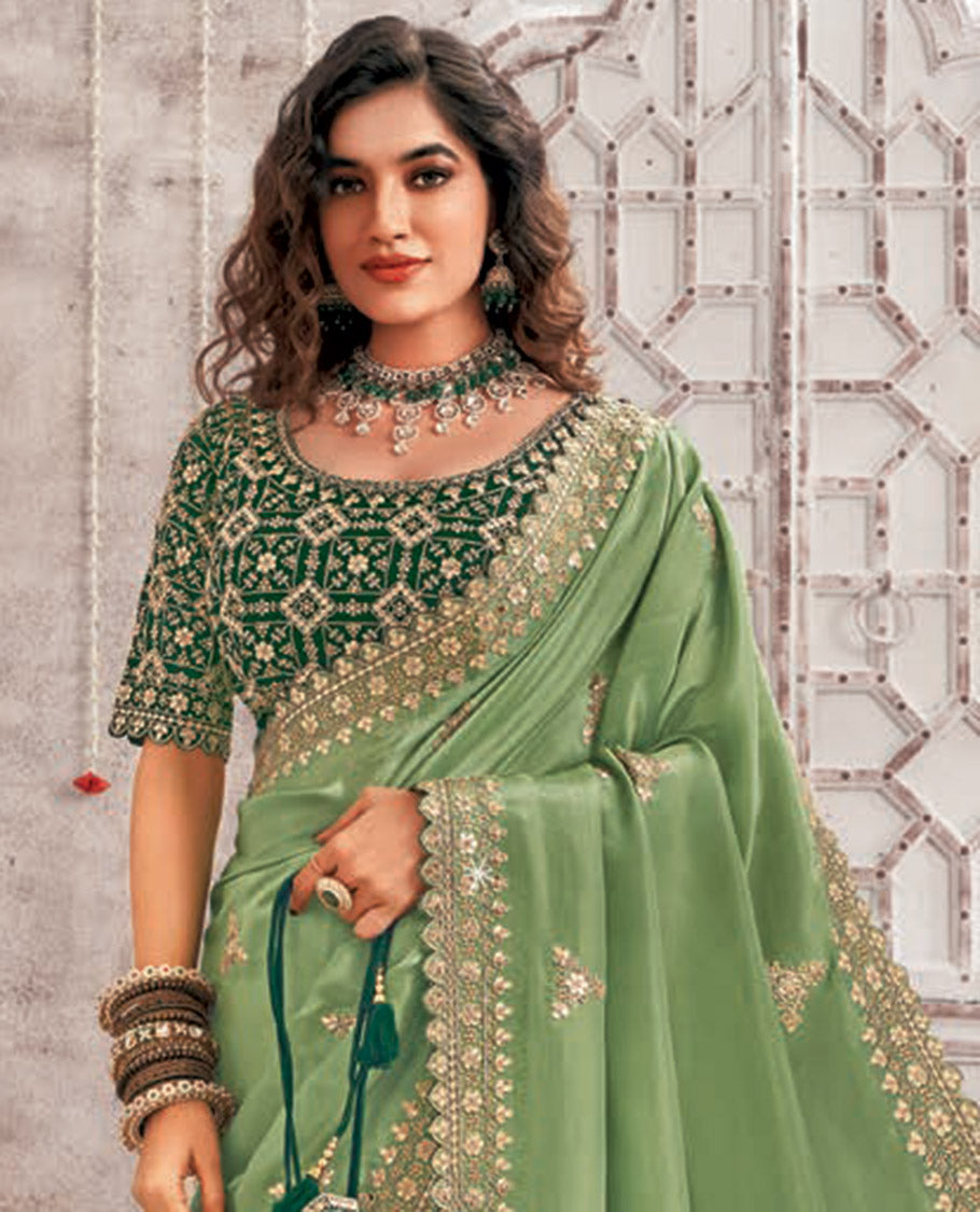 Green floral stone embroidery designer catalouge saree with floral scallop border & embroidered readymade blouse