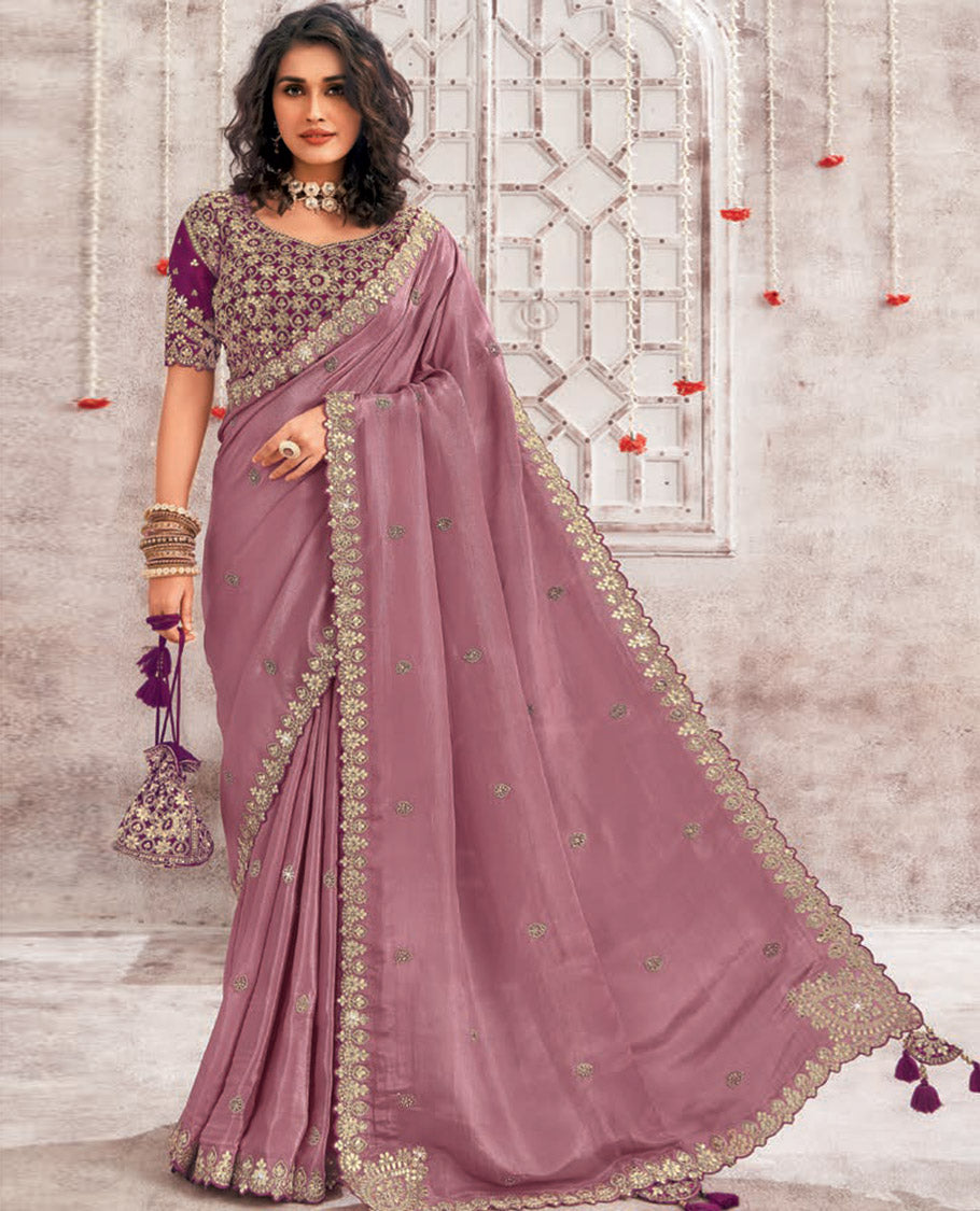 Purple floral stone embroidery designer catalouge saree with floral scallop border & embroidered readymade blouse