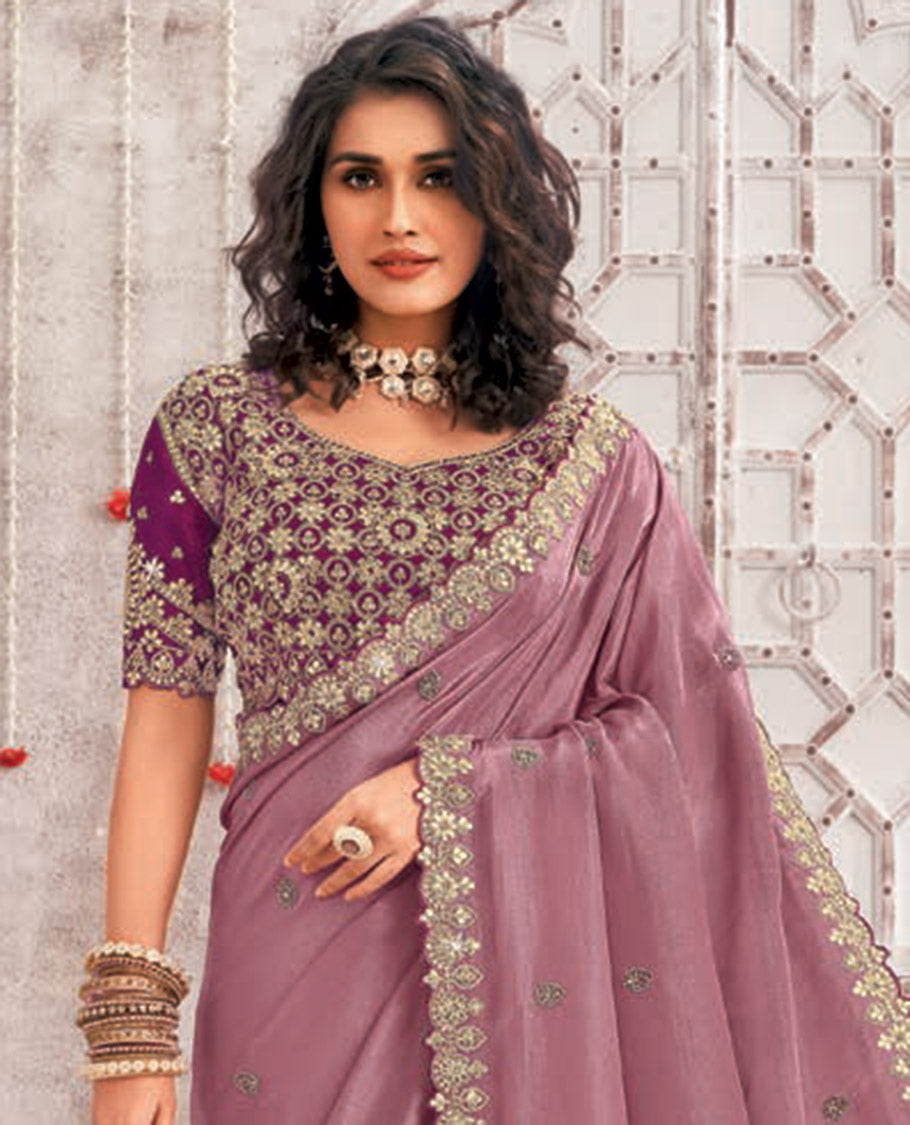 Purple floral stone embroidery designer catalouge saree with floral scallop border & embroidered readymade blouse