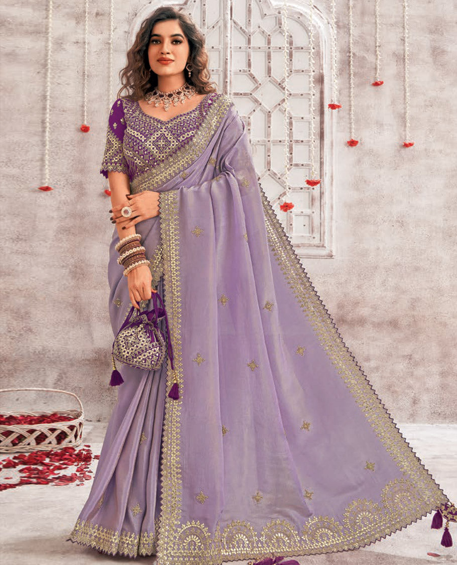 Lanvender Green floral stone embroidery designer catalouge saree with floral scallop border & embroidered readymade blouse