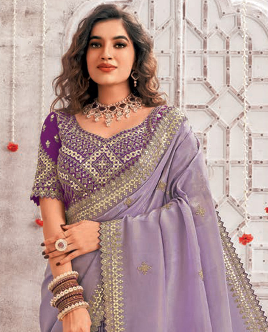 Lanvender Green floral stone embroidery designer catalouge saree with floral scallop border & embroidered readymade blouse