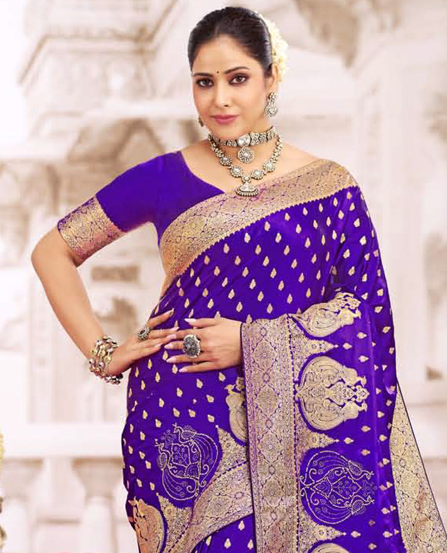 Blue buttas with micro stone work designer catalog saree, intricate motifs woven border, and pallu
