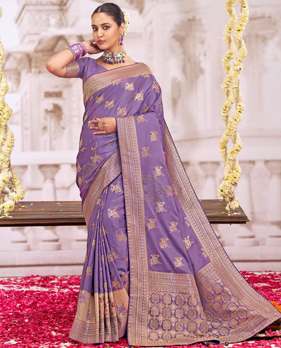 Lavender buttas designer catalog saree, traditional design border, and intricate pallu