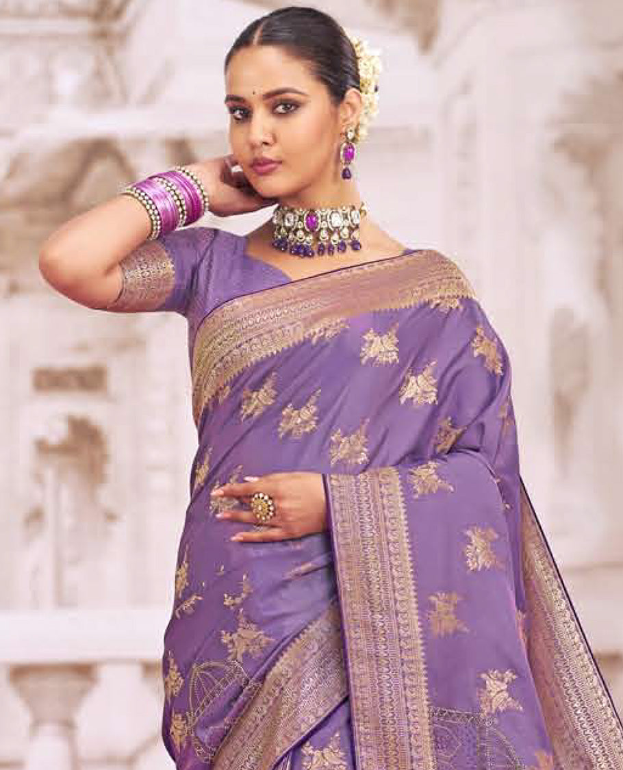 Lavender buttas designer catalog saree, traditional design border, and intricate pallu