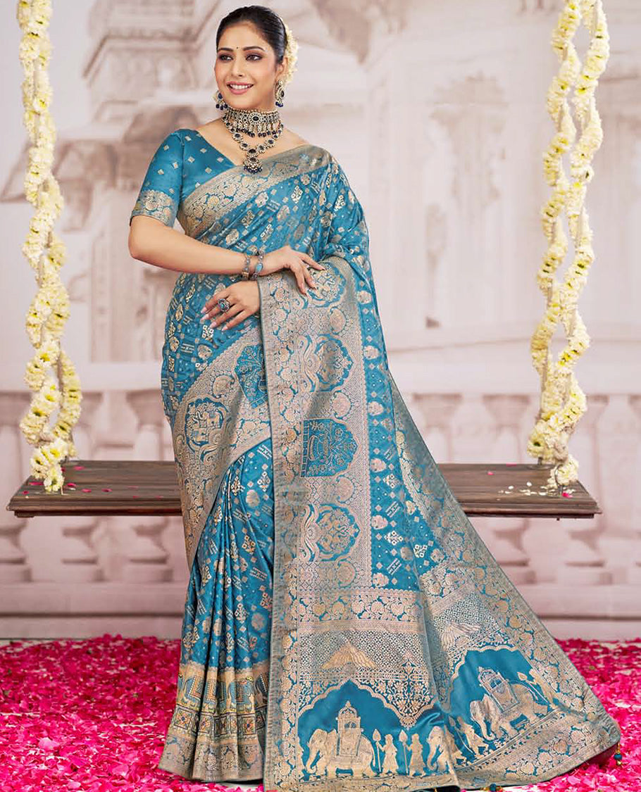 Blue buttas designer catalog saree, floral creeper design scallop border, and intricate pallu