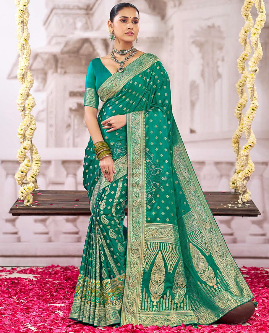 Green buttas with micro stone paisley design designer catalog saree, traditional design border, and intricate pallu